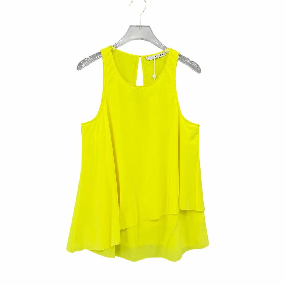 Trina Turk NWT Kesso Bright Neon Yellow 100% Silk Layered Hem Tank Blouse - Picture 6 of 10